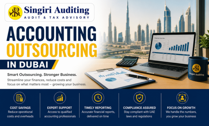 Accounting Outsourcing in Dubai banner by Singiri Auditing showcasing outsourced bookkeeping, financial reporting, tax compliance, and business growth services in the UAE