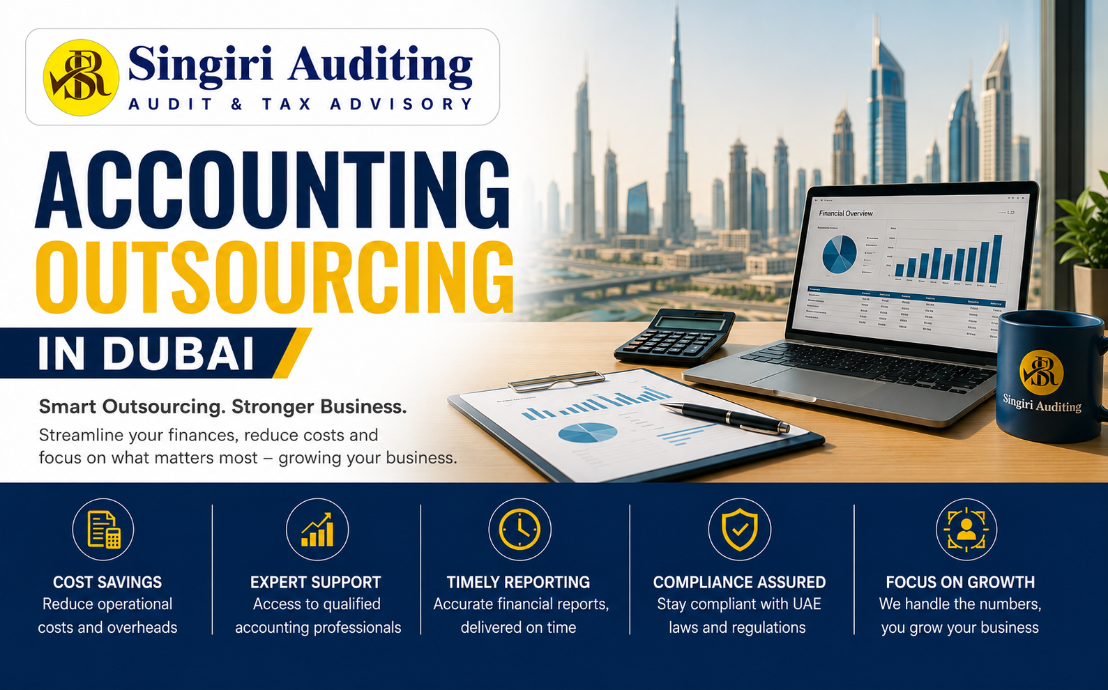 Accounting Outsourcing in Dubai banner by Singiri Auditing showcasing outsourced bookkeeping, financial reporting, tax compliance, and business growth services in the UAE