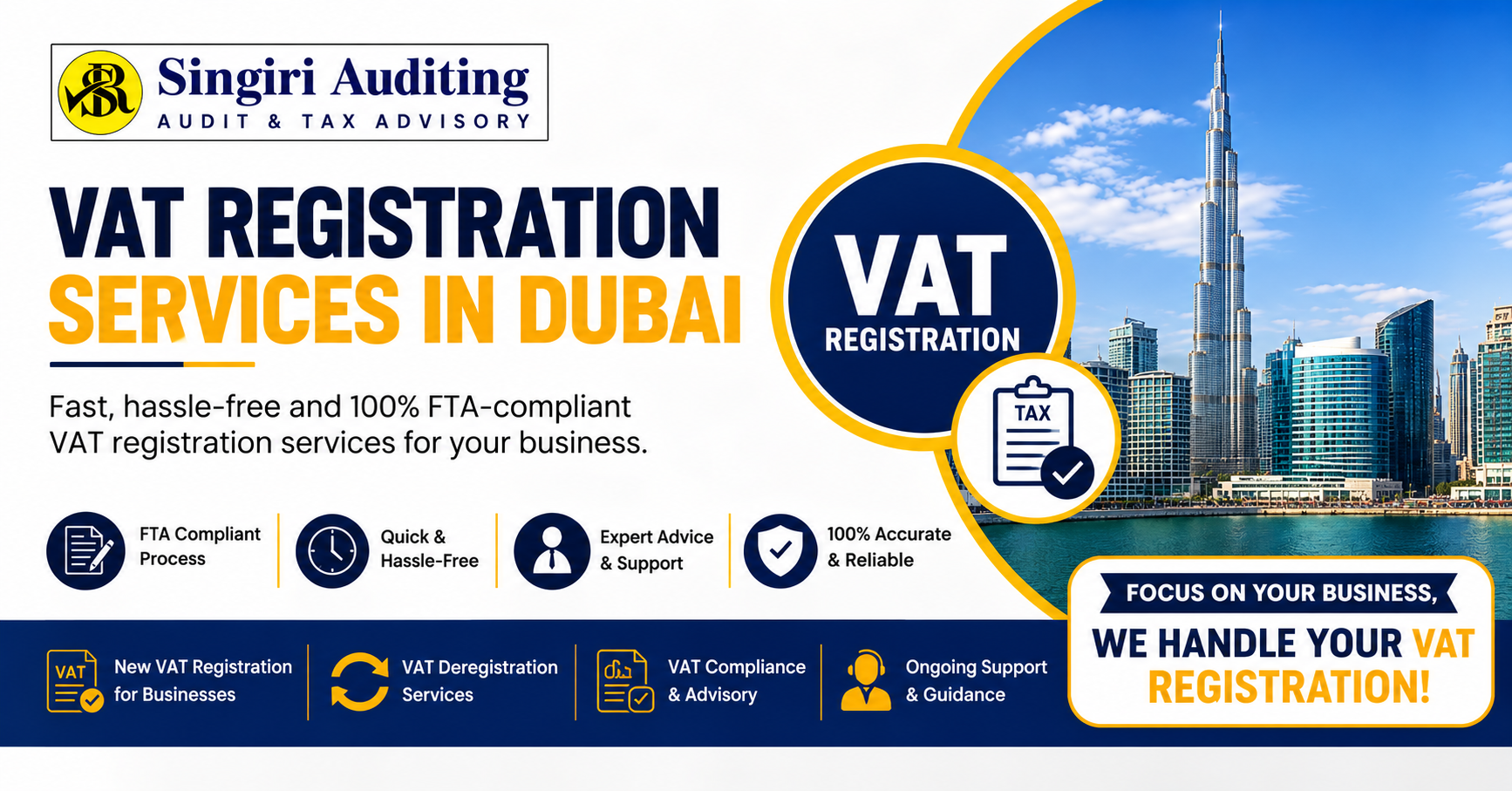 Professional VAT Registration Services in Dubai by Singiri Auditing, offering FTA-compliant VAT registration, tax advisory, and business support.