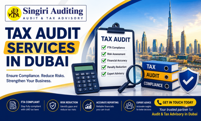 Tax Audit Services in Dubai by Singiri Auditing with FTA compliance, tax audit checklist, Dubai skyline, and expert tax advisory