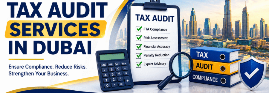 Tax Audit Services in Dubai by Singiri Auditing with FTA compliance, tax audit checklist, Dubai skyline, and expert tax advisory