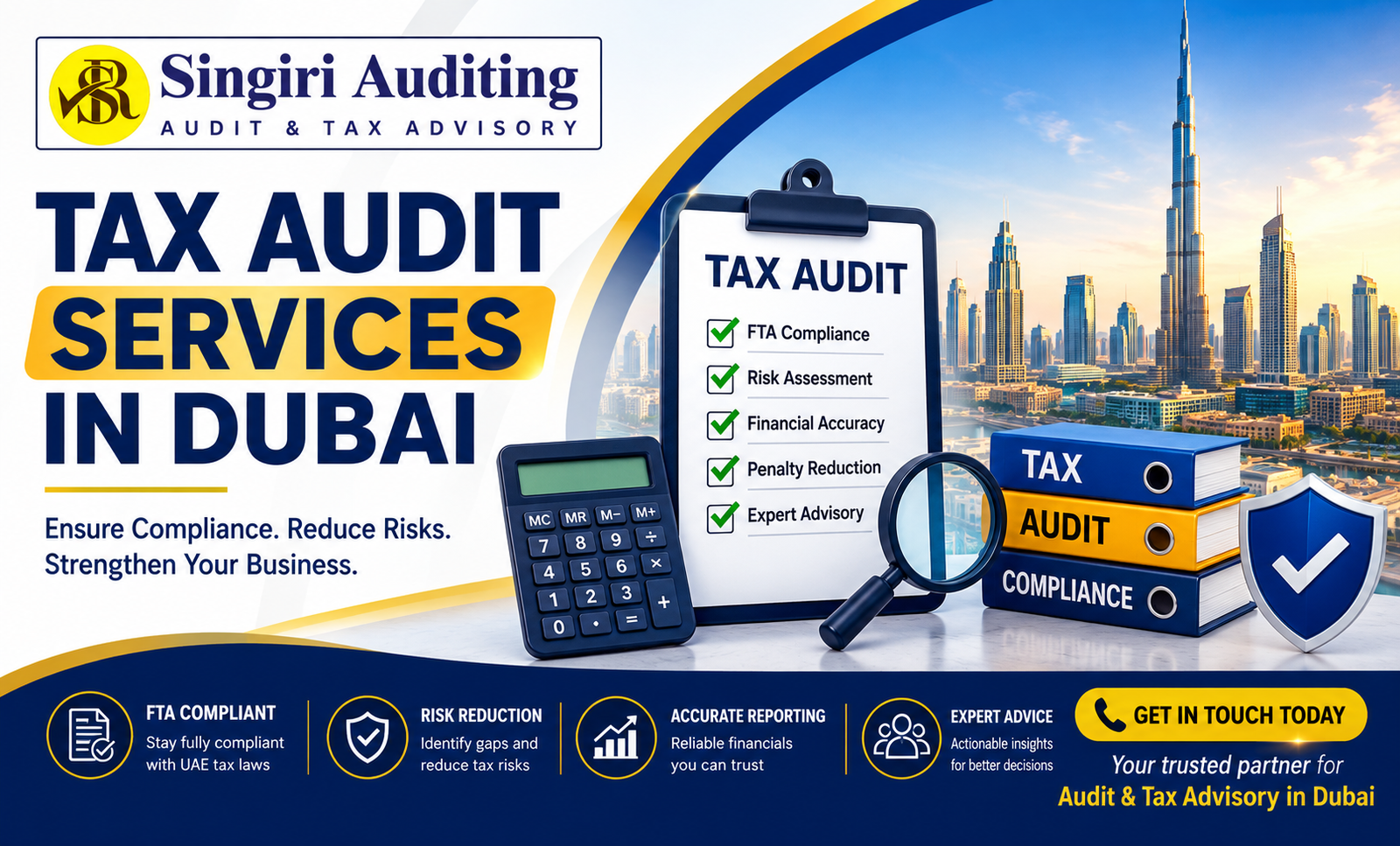 Tax Audit Services in Dubai by Singiri Auditing with FTA compliance, tax audit checklist, Dubai skyline, and expert tax advisory