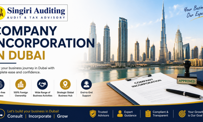 Company Incorporation in Dubai services by Singiri Auditing with Dubai skyline and business setup consultation