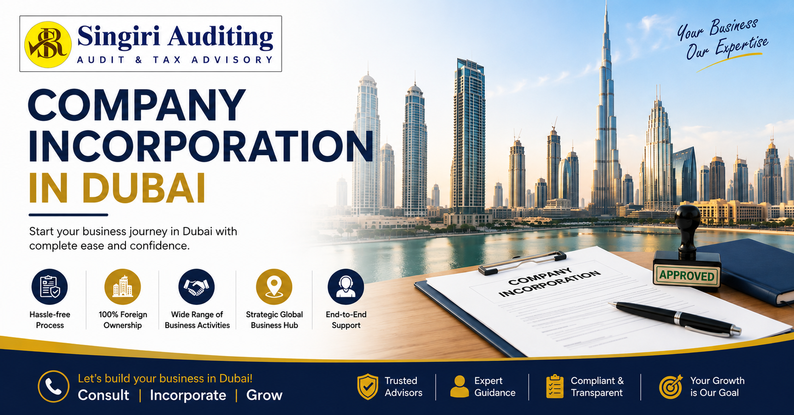 Company Incorporation in Dubai services by Singiri Auditing with Dubai skyline and business setup consultation